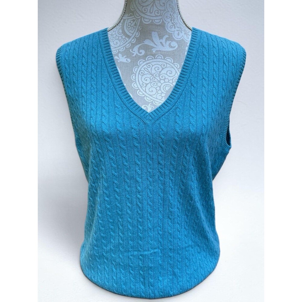 VTG LL Bean Cable Sweater Vest L-REG Wool/Cashmere Cable Knit Teal Green Preppy